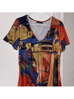 Noracora V-Neck Short Sleeve Abstract Art Print Dress in Multicolor XXL dress